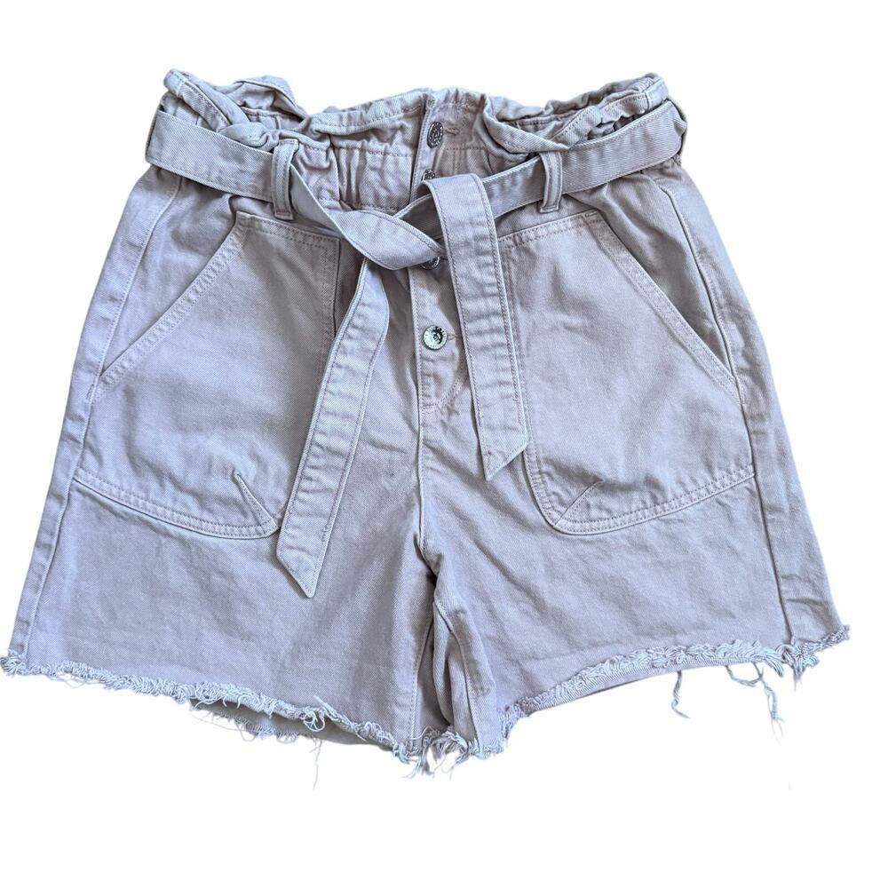 Zara High Rise Paperbag Waist Pink Belted 90's Mom Denim Jean Shorts Size 8